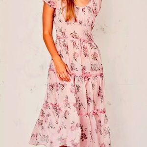 Feminine Beautiful LoveShackFancy Audra French Roses Chiffon Silk MIDI Dress NWT